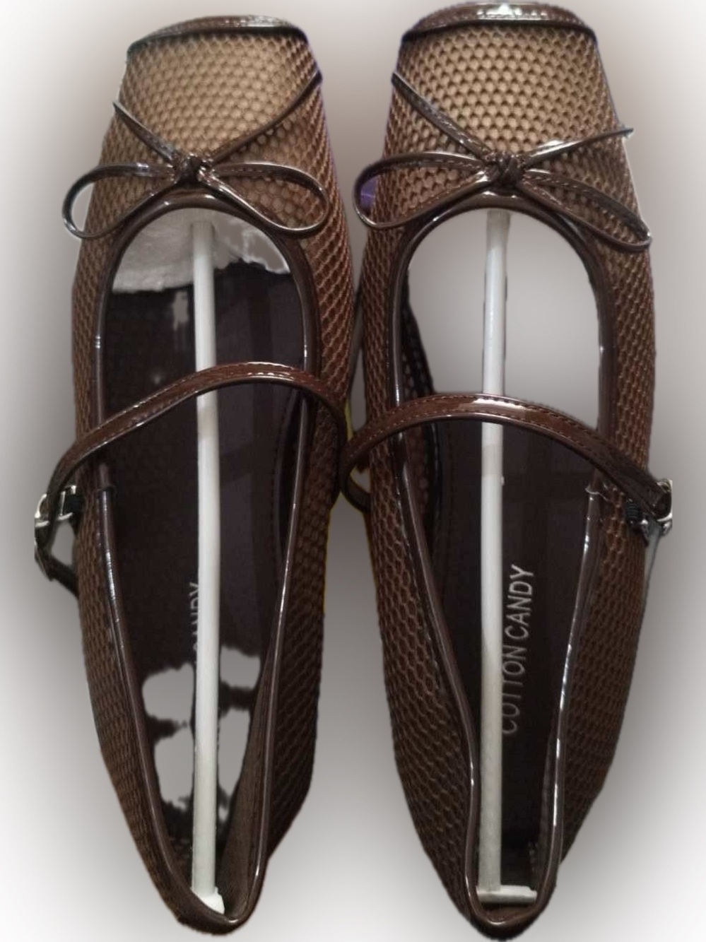 Cotton Candy Brown Textured Mary Jane Mesh  Ballet Flats with Bow